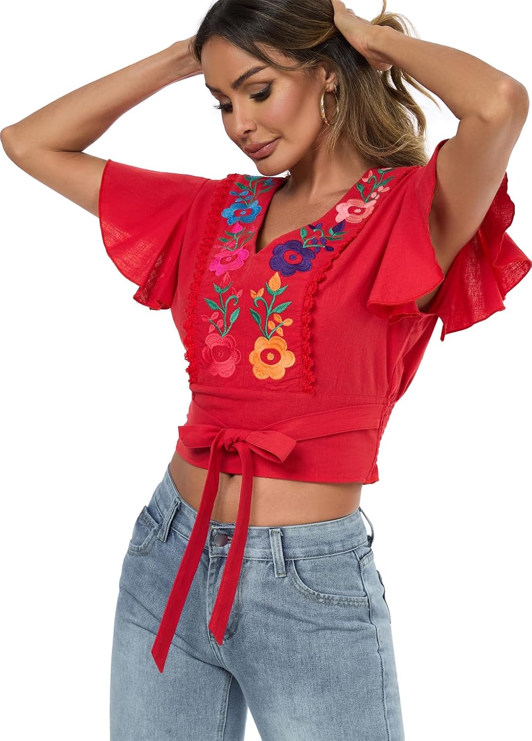 Women's V Neck Tie Front Crop Tops Summer Ruffle Short Sleeve Boho Peasant Embroidered Top Shirt Blouse - Image 3