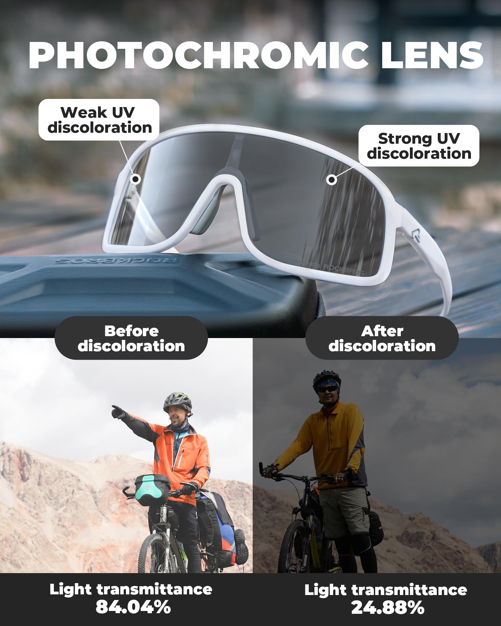 ROCKBROS Okulary rowerowe Fotochromatyczne okulary rowerowe Okulary rowerowe Outdoor Road Bike Sportowe okulary przeciwsłoneczne dla mężczyzn i kobiet