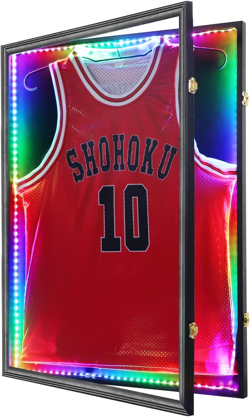 Jersey Frame Display Case,Lockable with Colorful Led Lights Display Box for Jersey Display with UV Protection Acrylic and Hanger for Baseball Basketball Football Hockey Sport Shirt,Black Black-FeltLinin with LED