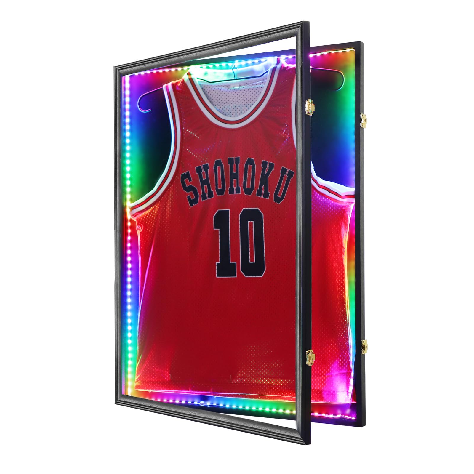 Jersey Frame Display Case,Lockable with Colorful Led Lights Display Box for Jersey Display with UV Protection Acrylic and Hanger for Baseball Basketball Football Hockey Sport Shirt,Black
