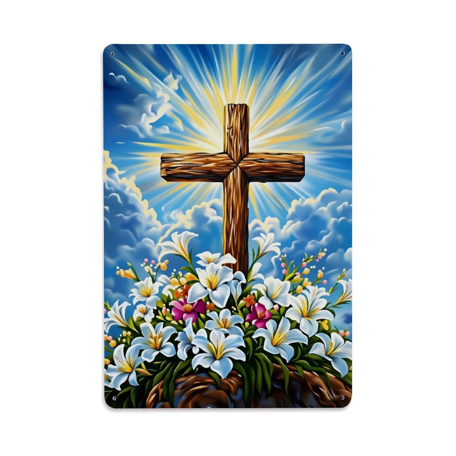 Cross With Flowers And Sky Tin Sign Vintage Metal Poster, Home Bar Garage Man Cave Cafe Indoor & Outdoor Wall Decoration 8x12Inches