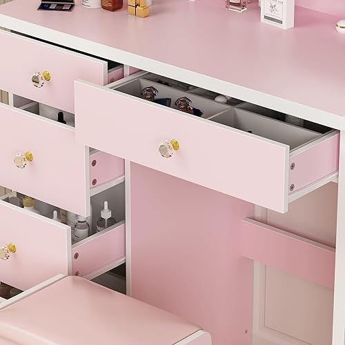 Miniatura 6 de AIEGLE Juego de tocador de maquillaje iluminado, espejo LED de 3 colores, cajones y taburete acolchado, espejo redondo rosa