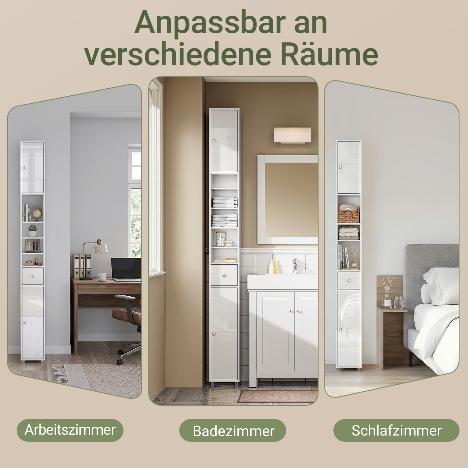 SoBuy Hochglanz Badezimmerschrank Schmal Hochschrank Bad 20x20x180 cm Weiß | Platzsparender Nischenschrank Badezimmer mit Verstellbarem Boden & Schublade BZR167-GW