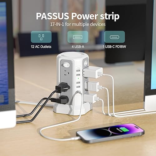 Miniatura 5 de Torre de regleta protectora contra sobretensiones con puerto USB C (PD18W), cable de extensión de 10 pies con 12 salidas de CA, 5 puertos de carga