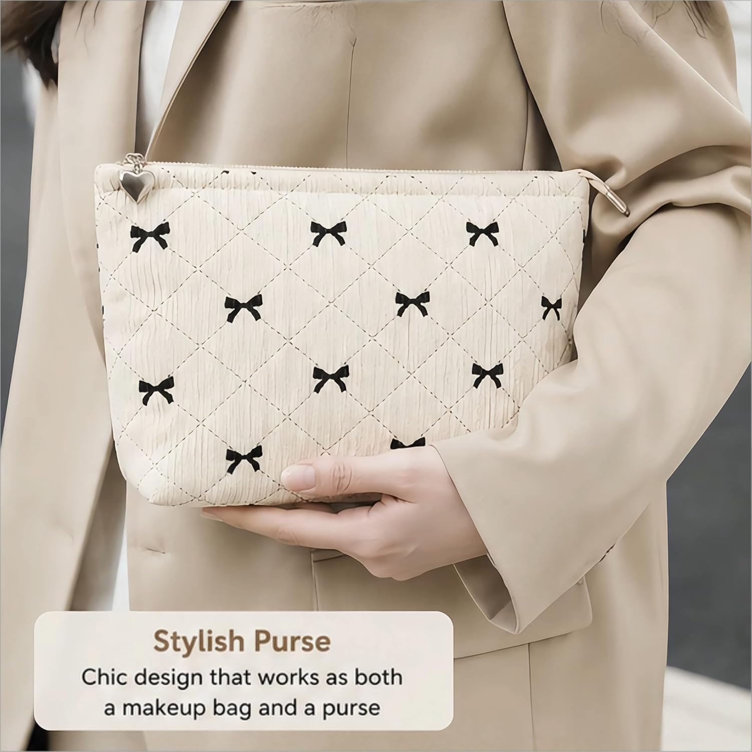 1Pc Beige Cosmetic Bags Bows Travel Quilted Makeup Bag image 4