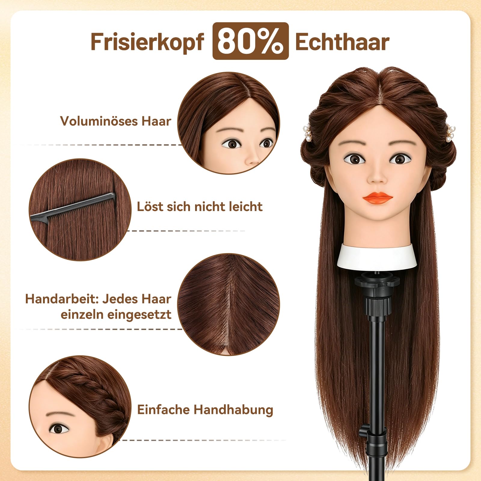 TwoWin Friseurkopf mit Haaren 26 Zoll 66 cm 80% Echthaar Mannequin Kopf Trainingskopf für Styling Friseurpraxis Dunkel Braun