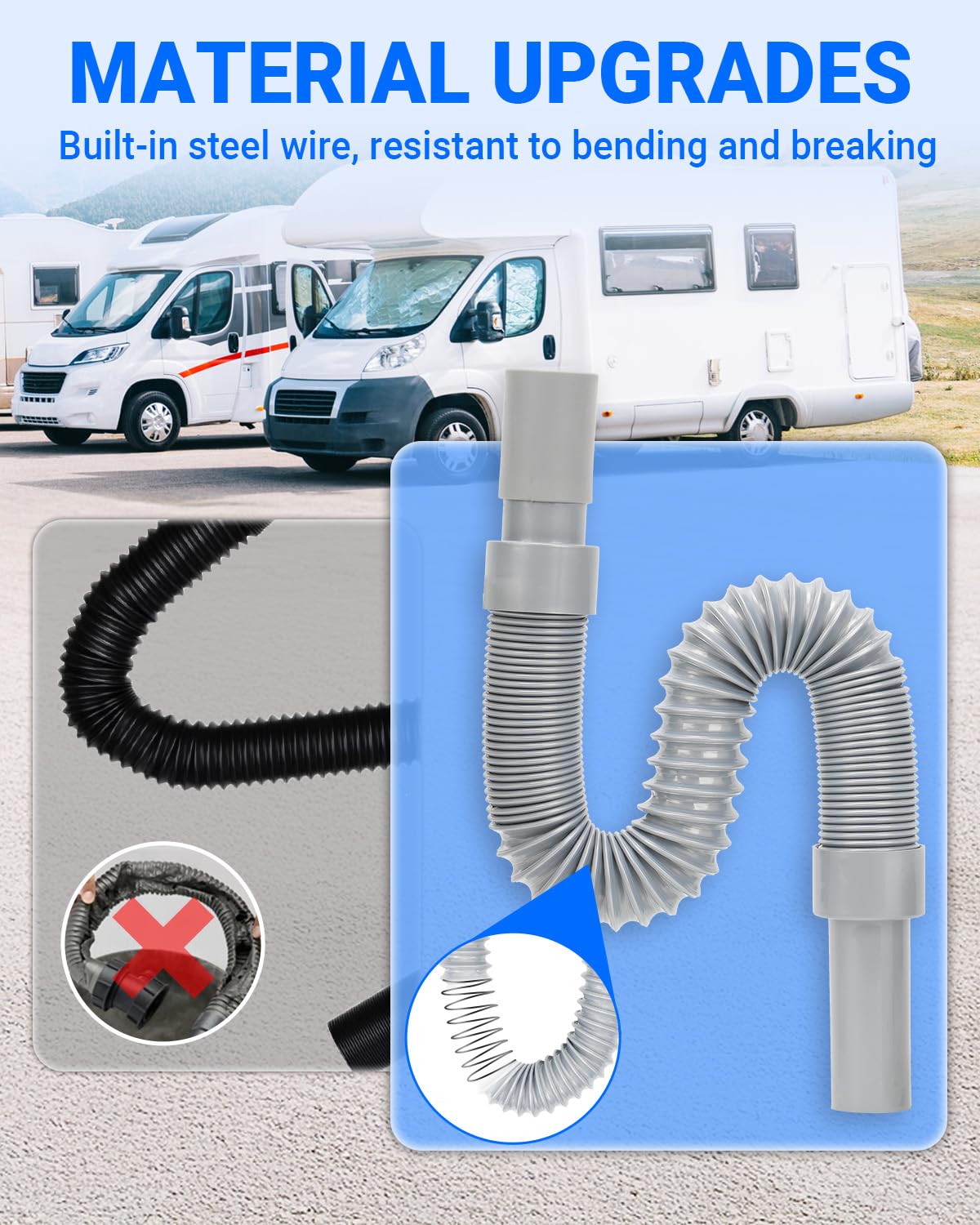 SUPAREE 4x1M Tubo Flessibile Scarico Camper Tubo di Scarico Acque Camper Tubo Scarico Acque Reflue Camper Flessibile ed Estensibile Grigie con Borsa per il Trasporto Spazzola per la pulizia