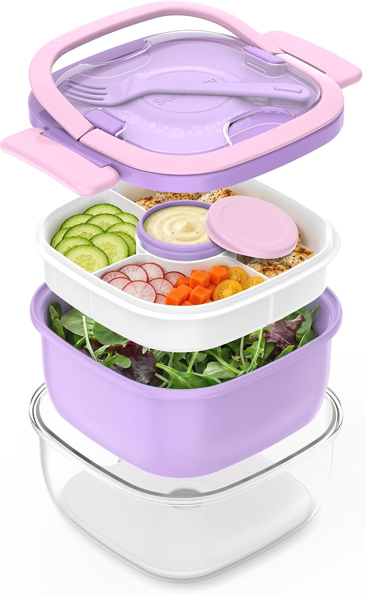 Salad Container with Ice Pack & Handle, 6.8 Cup / 1600ml Large Portable Salad Bowl Lunch Box with Lid, Fork Holder & Sauce Cup, 4-Compartment Removable Tray Meal Prep Bento Box, Purple