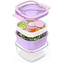 Salad Container with Ice Pack & Handle, 6.8 Cup / 1600ml Large Portable Salad Bowl Lunch Box with Lid, Fork Holder & Sauce Cup, 4-Compartment Removable Tray Meal Prep Bento Box, Purple