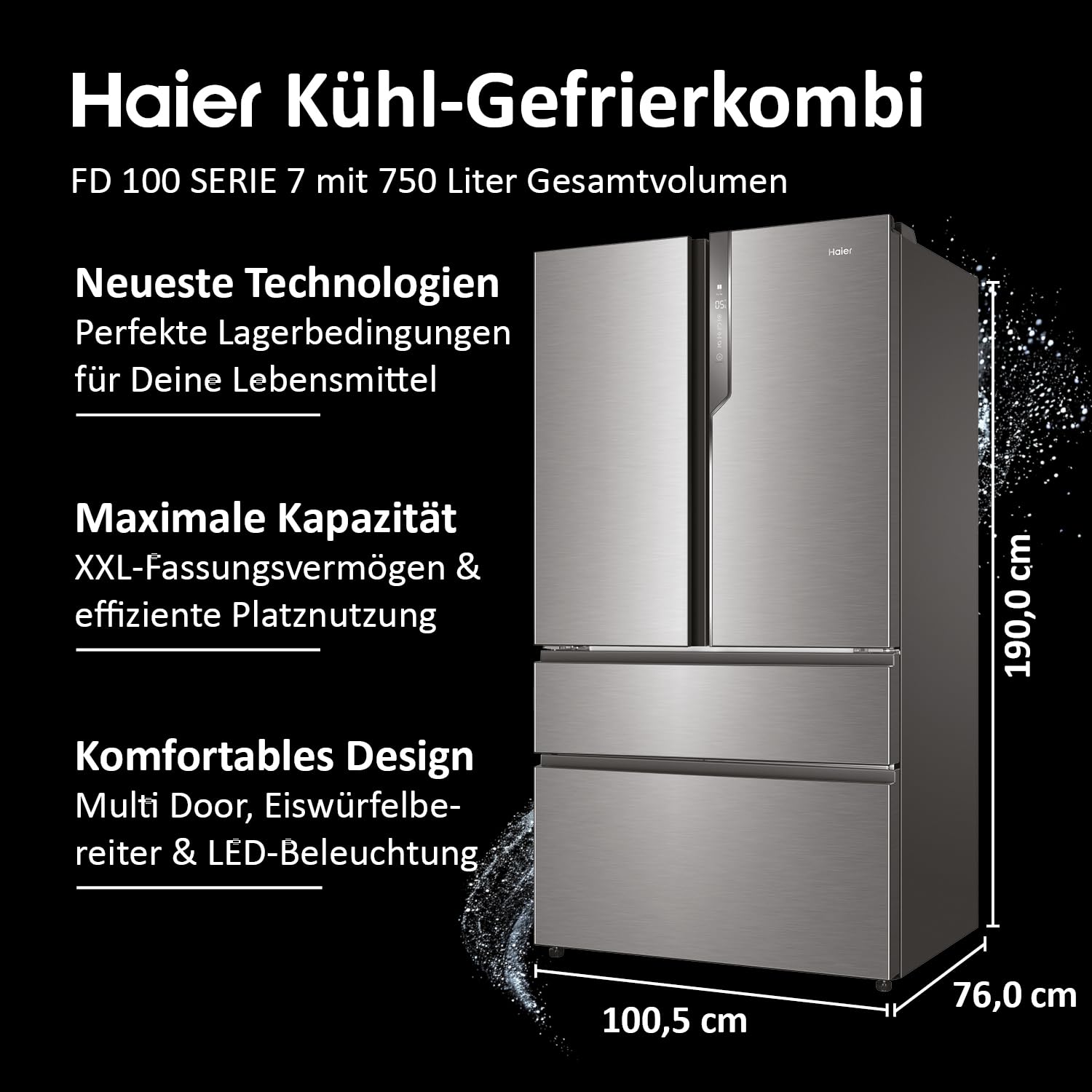 Haier French Door Kühl-Gefrierkombination I 100cm Breite I French Door Kühlschrank mit 750L XXL-Volumen, Eiswürfelspender & No Frost I Doppeltür Kühlschrank mit Gefrierfach I FD 100 Serie 7 HB26FSSAAA