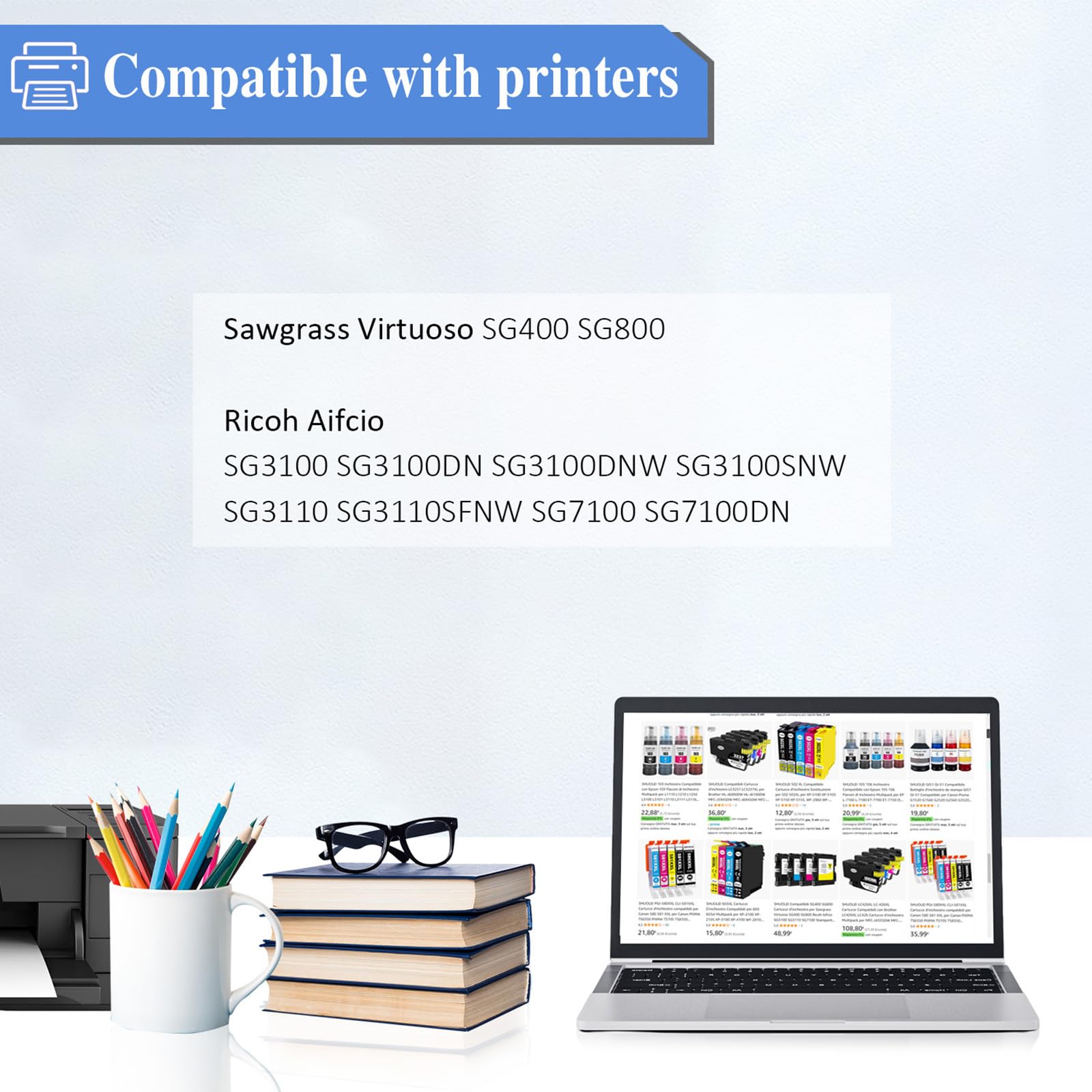 Kompatibel SG400 SG800 Tintenpatronen für Sawgrass Virtuoso SG400 SG800 Ricoh Aifcio SG3100 SG3110 SG7100 Drucker Thermotransfer-Sublimationstinte (BK/C/M/Y 4-Packs)
