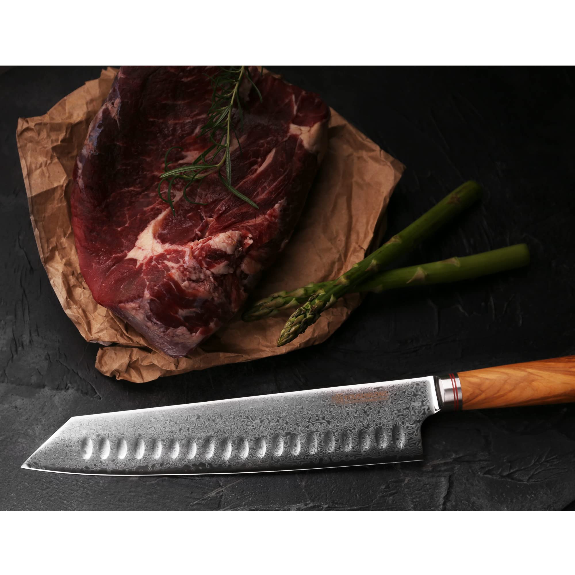 YOUSUNLONG Cuchillos de cocinero Kiritsuke 25,4 cm - Acero de Damasco martillado japonés - Súper afilado - Mango de madera de olivo italiano con funda de cuero - Cuchillos de cocina