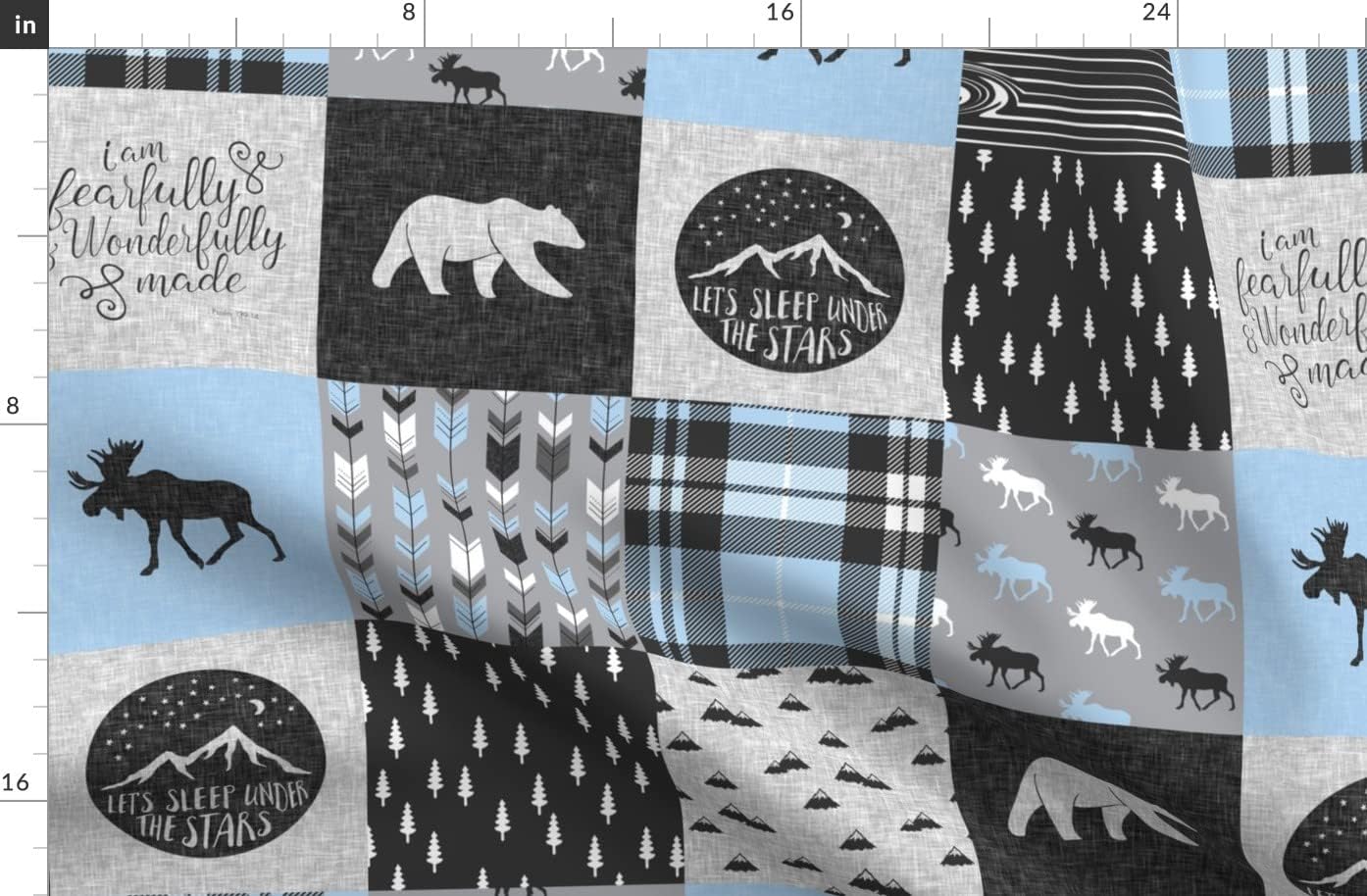 Spoonflower Fabric - Patchwork Blue & Grey Moose Bear Woodland Adventure Trendy Wholecloth Printed on Organic Cotton Sateen Fabric by The Yard - Sewing Quilting Apparel Home Decor