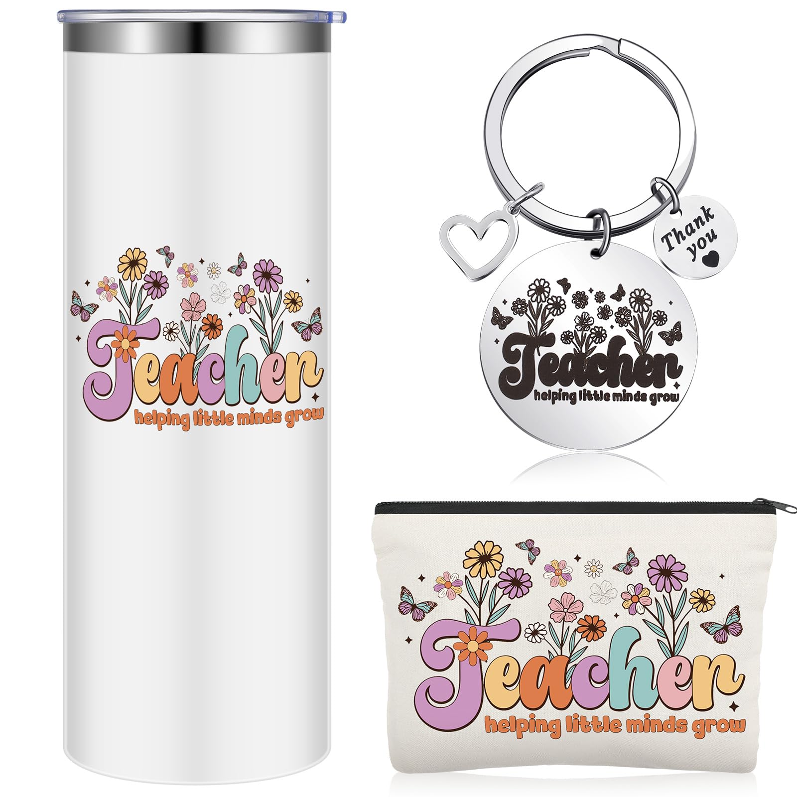 Sliner 3 Pcs Teacher Appreciation Gifts Set Include 20 oz Teacher Tumbler Coffee Mug, Canvas Makeup Bag and Keychain Thank You Gift for Women