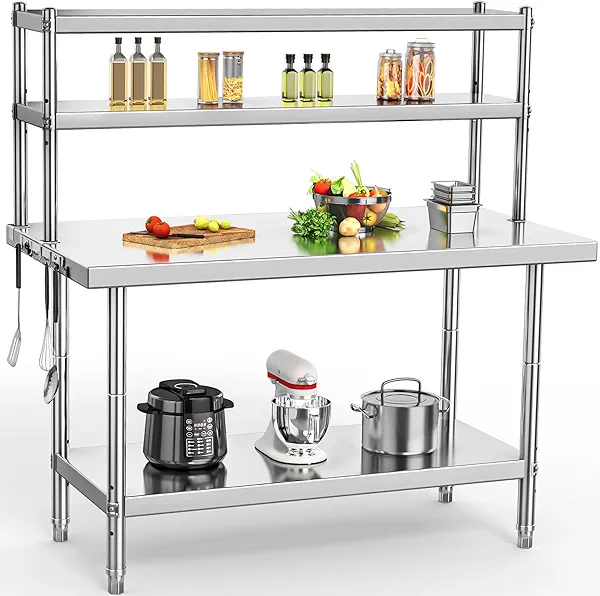 YITAHOME NSF Stainless Steel Table with Overshelves, 42" X 24" Work Table with 42" X 12" Shelf, Metal Table Prep Table for Home Kitchen Restaurant Garage Warehouse 2 Tiers W/Designed Overshl