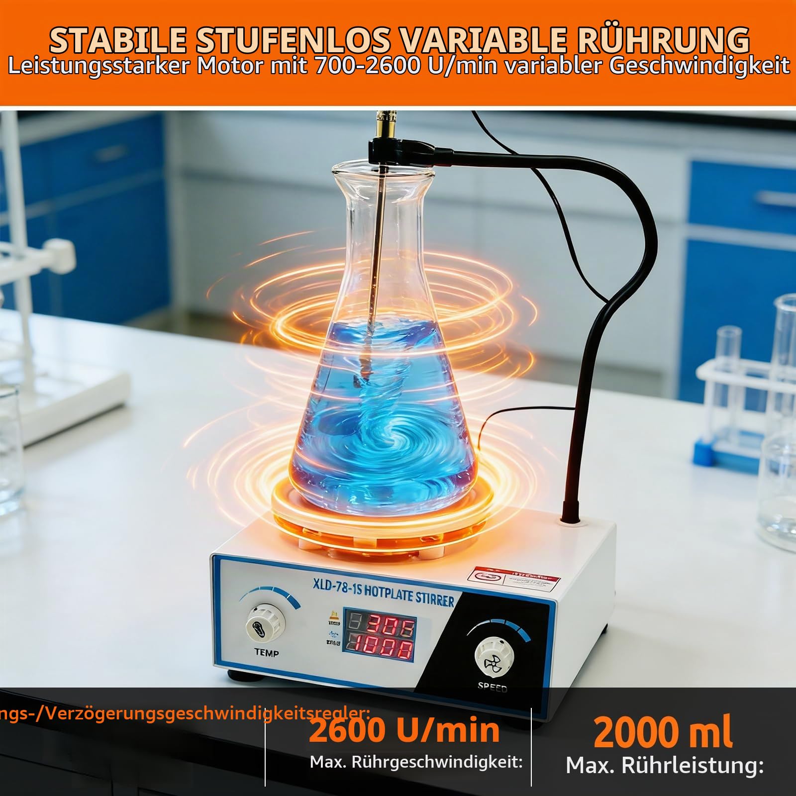 Magnetrührer Heizplatte, 700-2600 U/min, 2L Kapazität, 100℃, 180W | Magnetischer Mischer mit LED-Anzeige, Labor Magnetic Stirrer Mixer mit einstellbarem RPM-Taste, Stützständer, Rührstäben