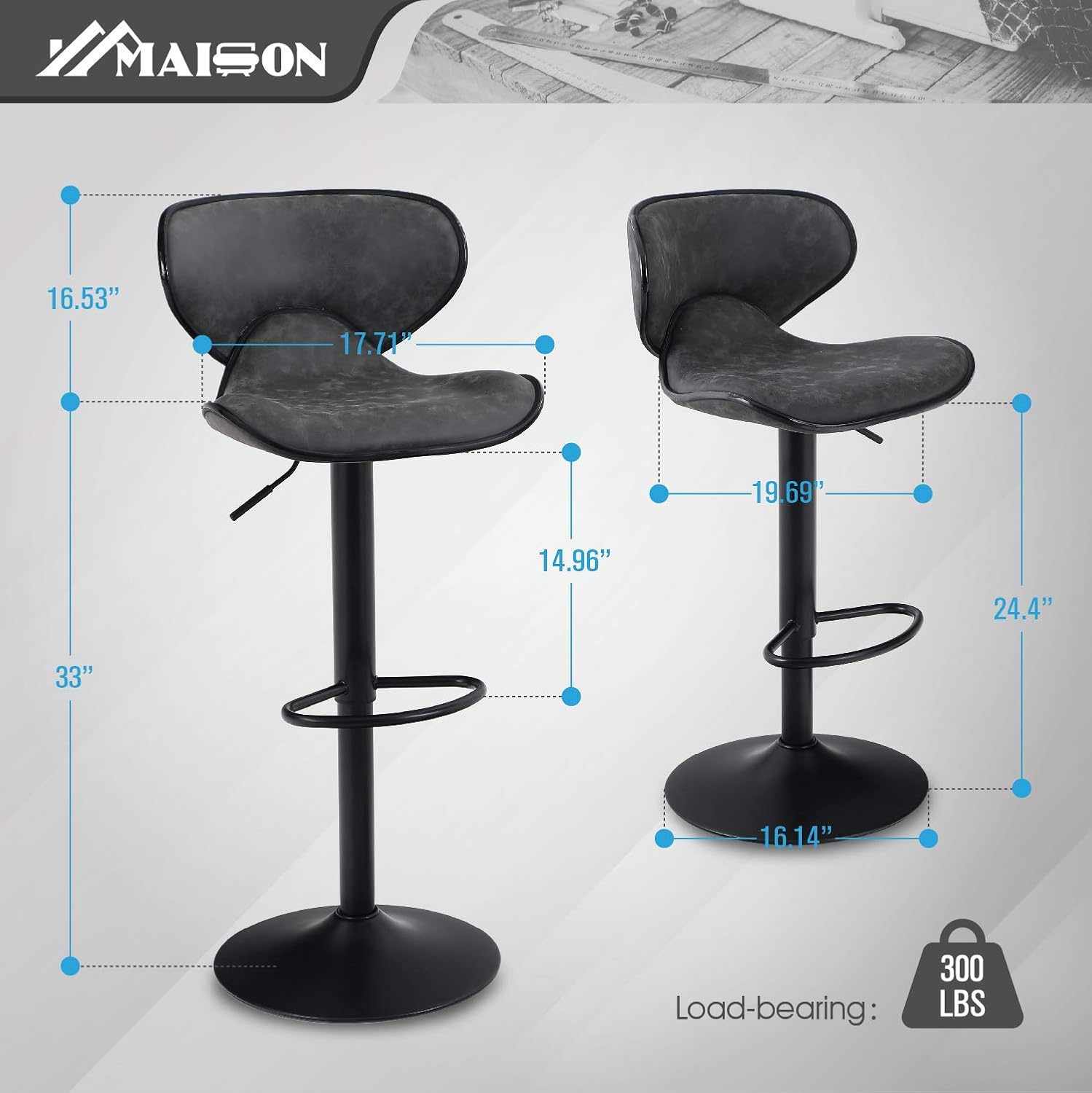 Maison Counter Height Bar Stools Set of 2 Swivel Adjustable Barstools with Back for Kitchen Counter Tall Bar Height Chairs Faux Leather High Stools for Kitchen Island, 300 LBS Bear Capacity, Grey: Kitchen & Dining