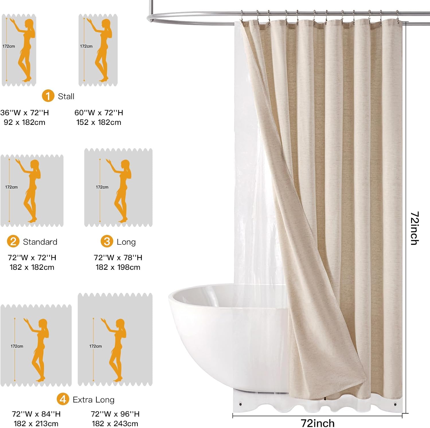 Linen Shower Curtain Set with Liner & Hooks, Waterproof, 72x72