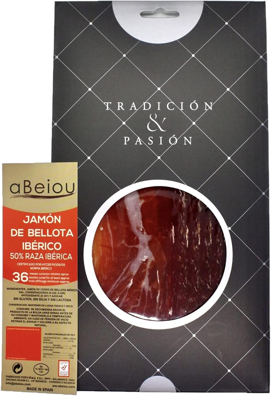 Iberian Ham Acorn-Fed Sliced 100 g (1 sobre) — Cured +36 Months — Hycer Certified — Pata Negra — Jamón Ibérico de Bellota — Guijuelo Spain — aBeiou