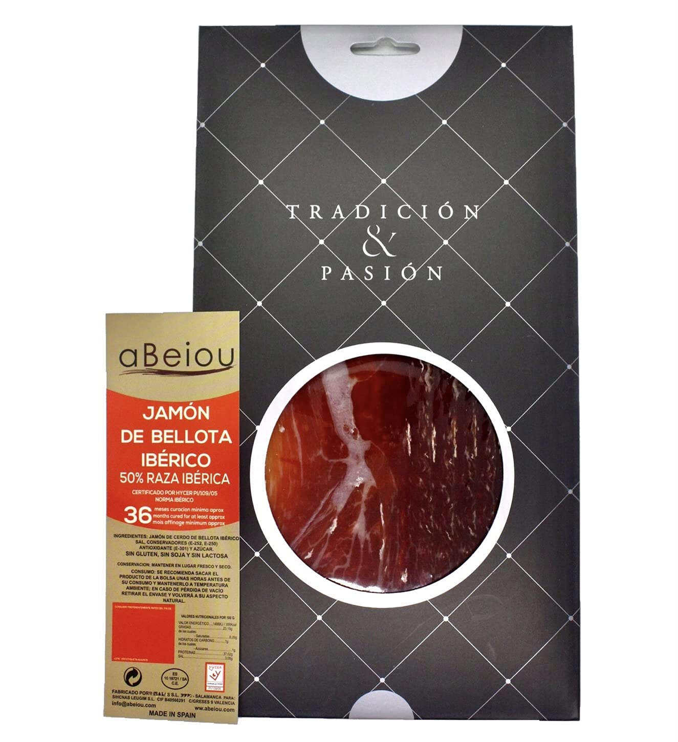 aBeiou. 100gr SLICED Spanish BONELESS IBERICO HAM Acorn-fed. Jamon Iberico de BELLOTA - PataNegra. Vacuum Packed. Cured +36 Months in Guijuelo Salamanca. Hycer Warranty Certificate. 100gr case.