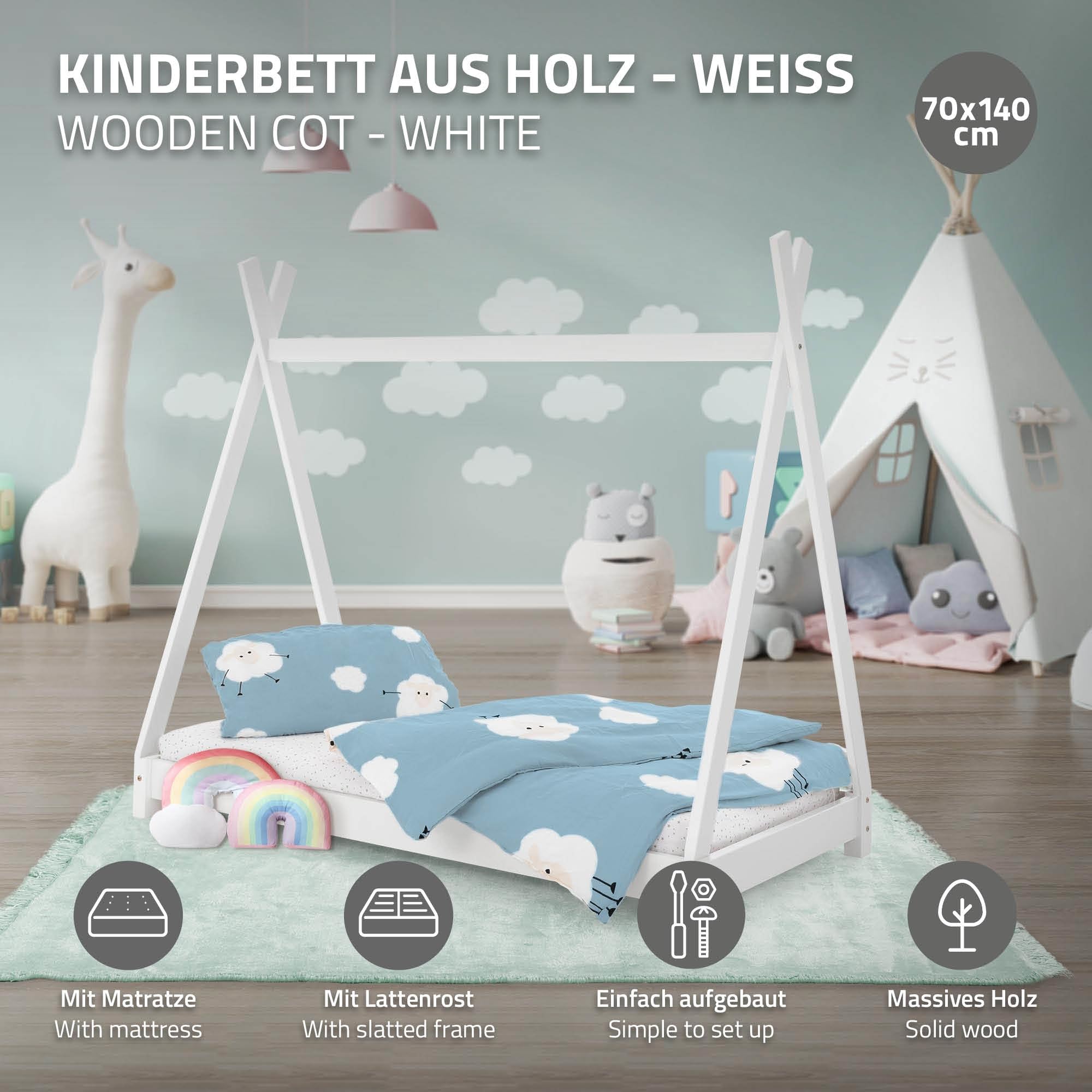 ML-Design Kinderbett Tipi 70x140 cm Weiß mit Matratze & Lattenrost, Indianer Bett aus Kiefernholz, Hausbett für Mädchen & Jungen, Bodenbett Kinderhaus Jugendbett Holzbett Bettenhaus Spielbett Zelt