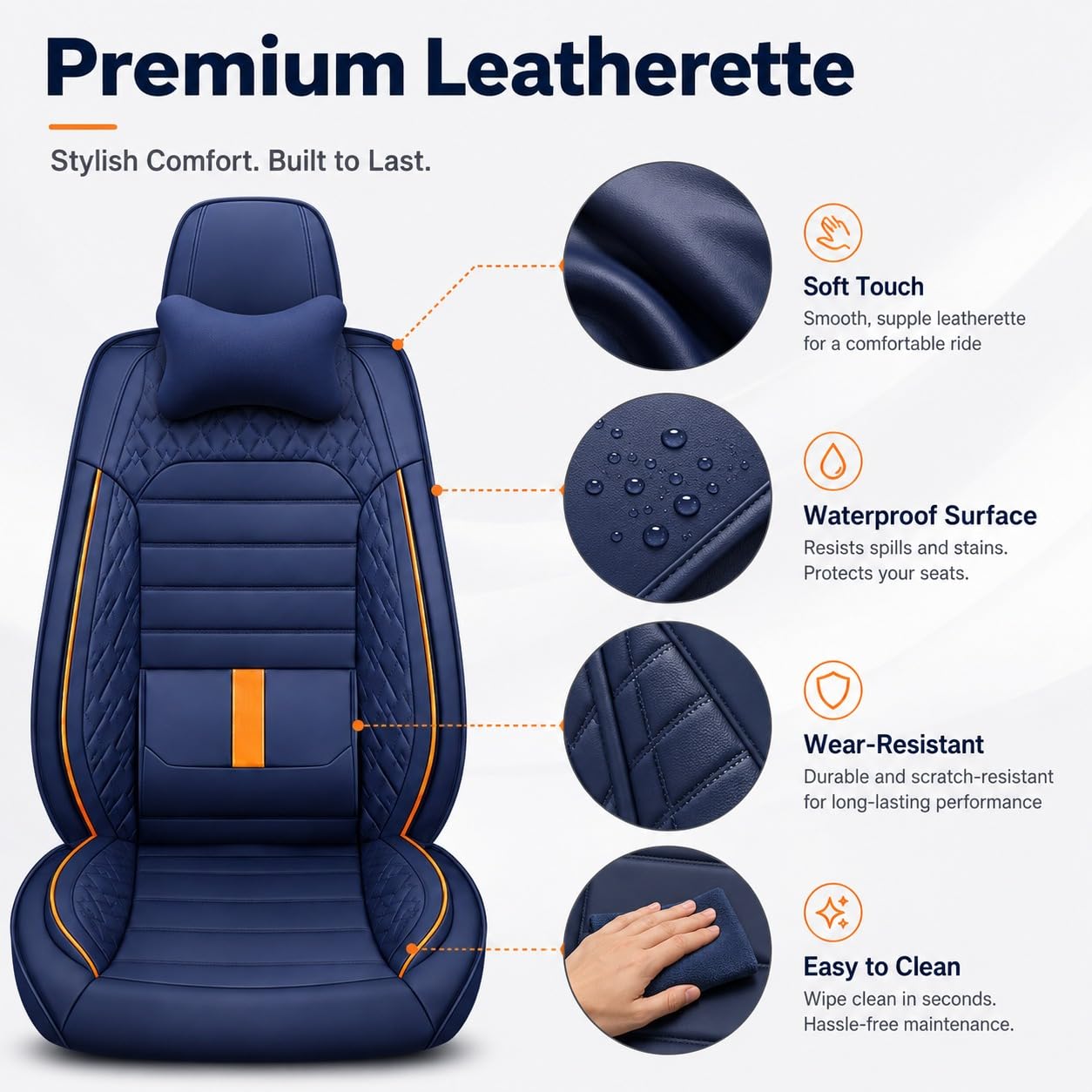 Juego completo de fundas de asiento de coche de piel sintética transpirable para asientos delanteros y traseros, incluye reposacabezas, reduce la fatiga del conductor, se adapta a la mayoría de los
