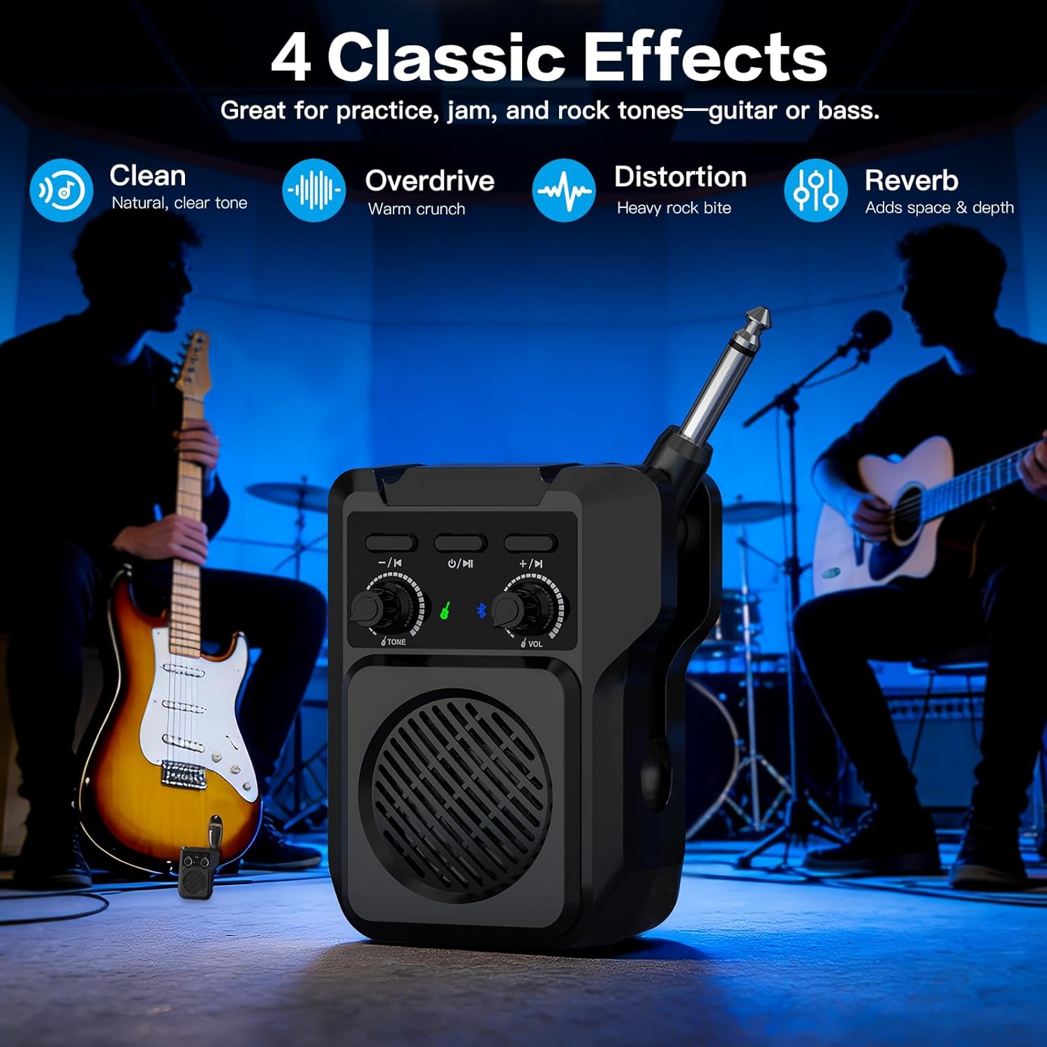 ZealSound Mini Guitar Amp with Bluetooth, 5W Portable Practice Amp with 4 Built-in Effects (Clean, Overdrive, Distortion, Reverb), USB Playback, Rechargeable Up to 8 Hours for Electric Guitar & Bass