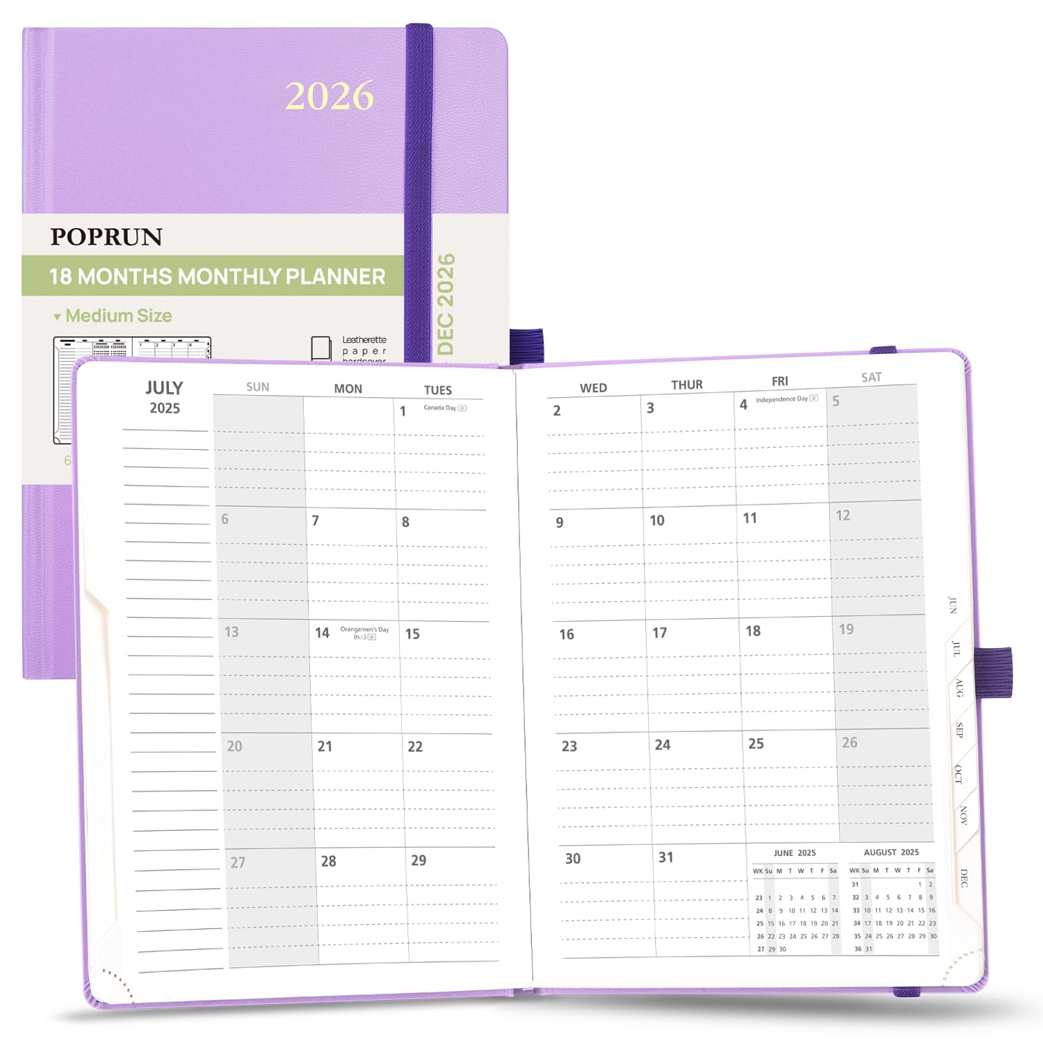POPRUN 2025-2026 Monthly Planner (A5 8.5" X 6.25"), 18-Month Calendar Book (Jul.25 - Dec.26) with Monthly Tabs, Hardcover, Inner Pocket, 100GSM Thick