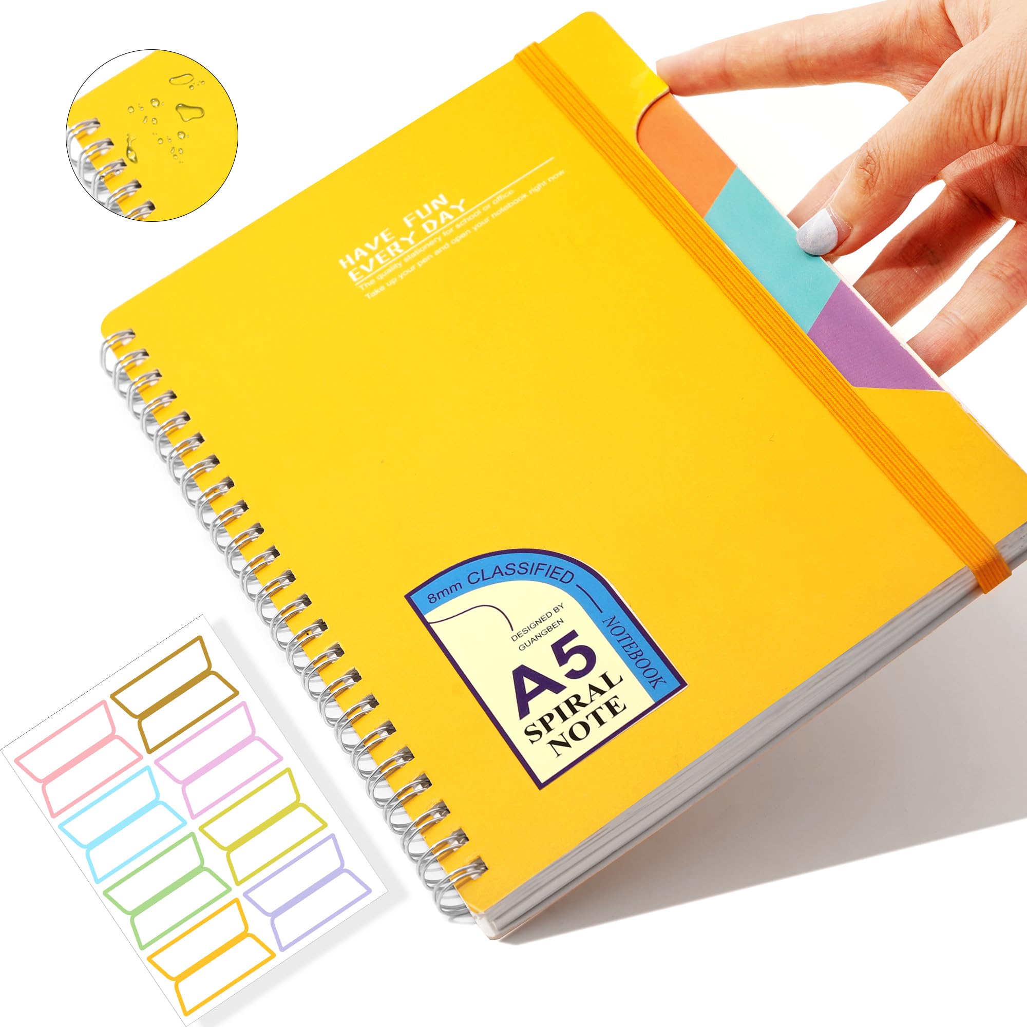 CAGIE Spiral Notebook 5x7 Lined Journal Notebook 80 Sheets 8mm College Ruled, A5 Hardcover Spiral Notebook for School Study and Notes with Multicolor Tab Stickers, Yellow