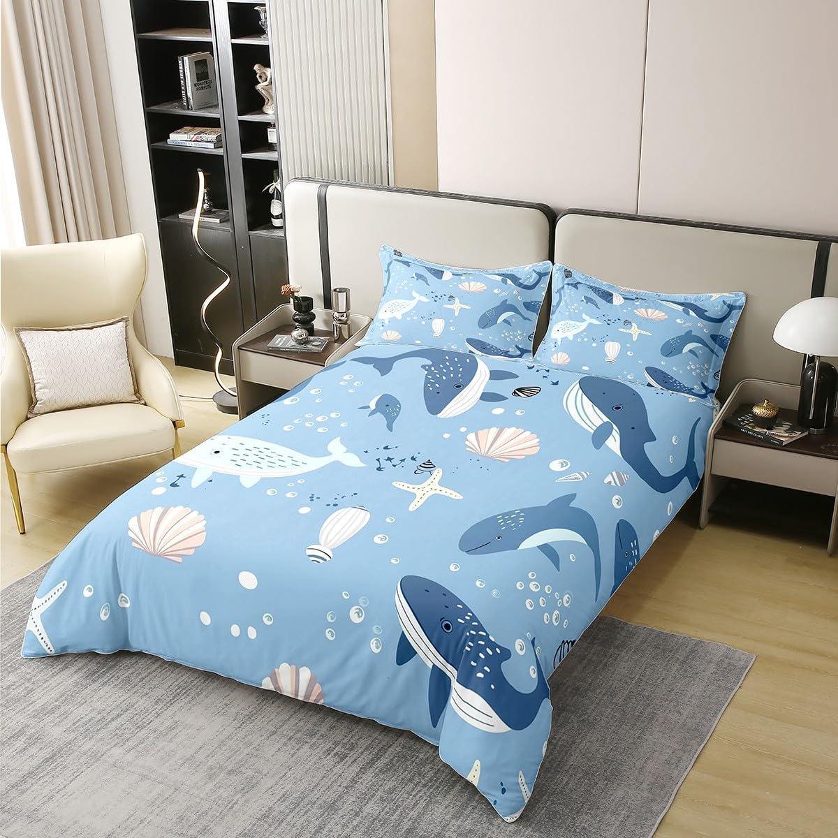 Loussiesd Kinder Wal Baumwolle Bettwäsche Set 135x200cm Jungen Mädchen Fische Bettbezug Set Muscheln Betten Set Unterwasser Welt Meereslebewesen Sealife Bettdeckenbezug