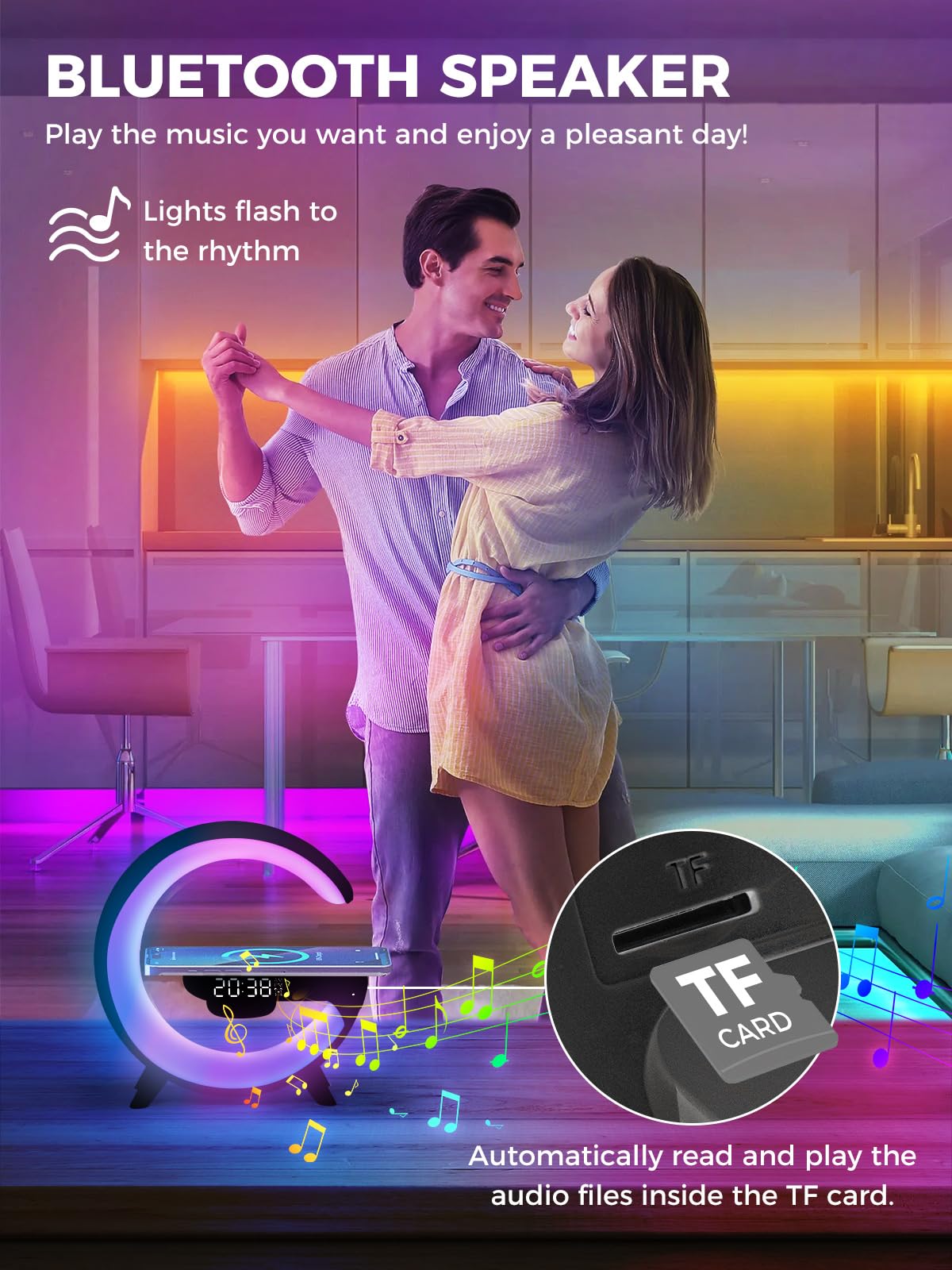 Smiling Shark Wake Up Light, Sveglia Luce LED Intelligente【Piccolo Negro】Con Altoparlante Bluetooth & Ricarica Senza Fili 16 Milioni di Colori Per Adulti & Bambini, Luce-Sveglia-da-Comodino