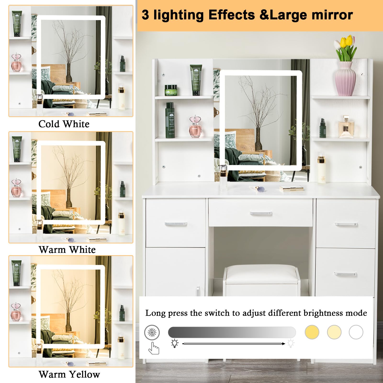 Makeup Vanity Desk with Mirror and Lights, Vanity Table
