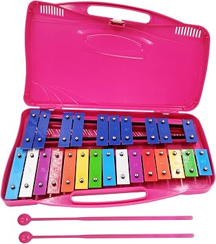 Xylophone Instrument for Kids 25 Notes Metal Glockenspiel Xylophone Percussion with Case Two Safe Mallets, Perfectly Tuned Musical Instrument Toddlers Adult Music Teaching, GiftsPink