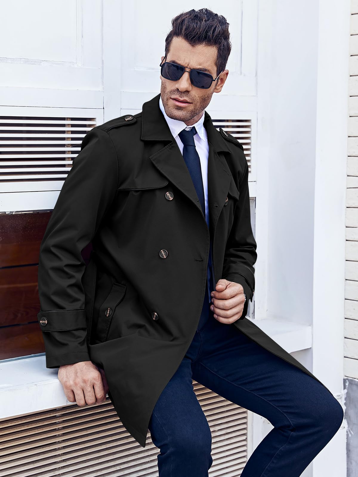 Runcati Trench pour homme Coupe ajustée Double boutonnage Manteau mi-long classique Business Casual Manteau automne coupe-vent
