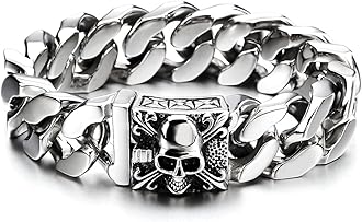 Mens Large Vintage Brushed Finishing Steel Curb Chain Bracelet with Fleur De Lis and Skull