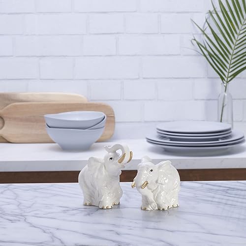 Miniatura 4 de Fitz and Floyd Villa Palm Elephant - Juego de salero y pimentero hecho a mano con detalles dorados, impresionantes saleros y pimenteros de elefante