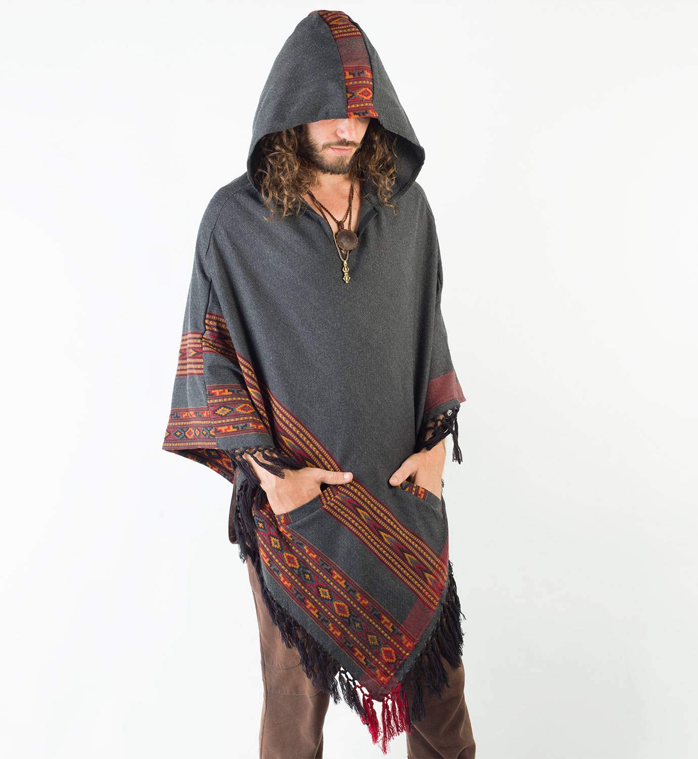 Poncho de lana de yak para hombre, color gris oscuro, capucha grande y bolsillos, patrón tribal terroso Festival Gypsy AJJAYA alternativa primitiva mexicana, gris, Taille unique