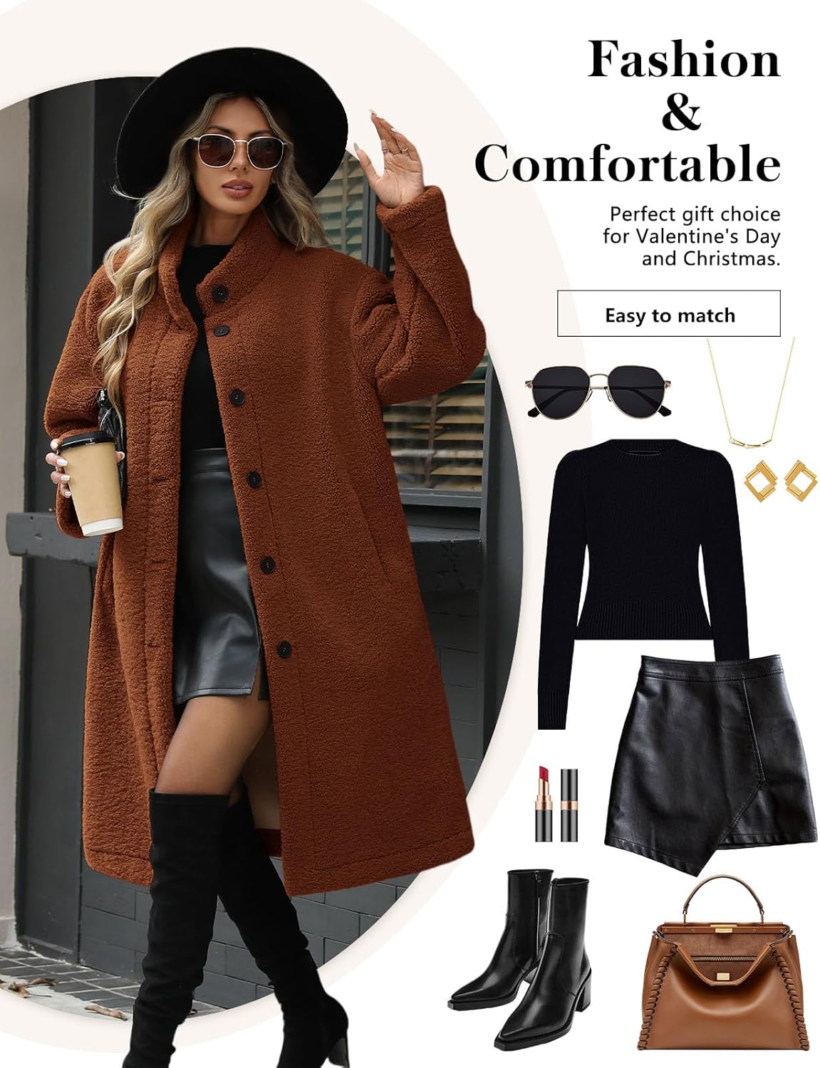 Women’s Winter Fuzzy Fleece Coat Warm Long Cardigan Open Front Jacket Button Faux Fur Fluffy Overcoat - Image 5