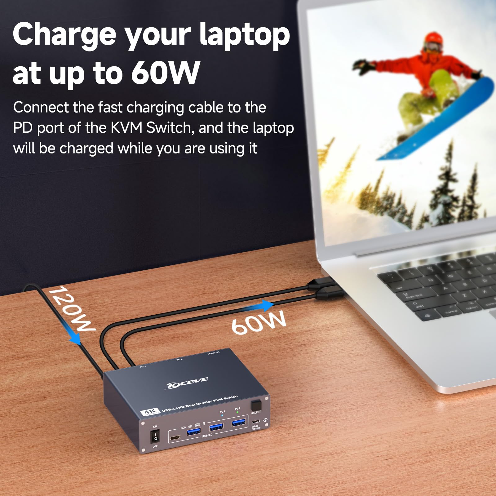 Switch KVM 2 Monitor per 1 Laptop 1 Desktop PC, USB 3.0 KVM Switch 2 PC 2 Monitor USB-C, 4K @ 60 Hz, MST, PD 100 W, Aluminium, Wired Remote(4K USBC HD 2 in 2 out)