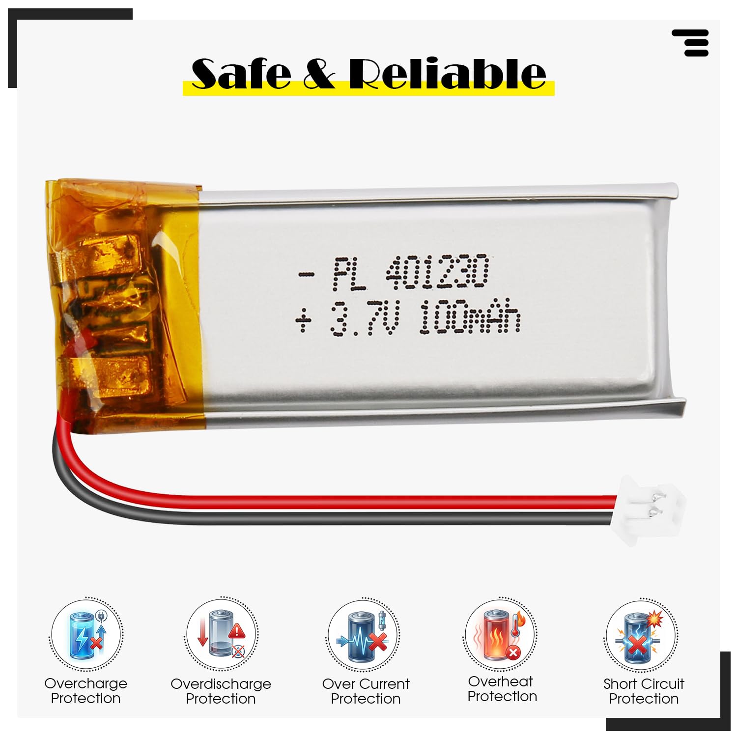 Batterie LiPo 3.7V 100mAh 401230 - Batterie Lithium-polymère Rechargeable avec Carte de Protection et connecteur Micro JST 1.25 pour appareils électroniques - 3
