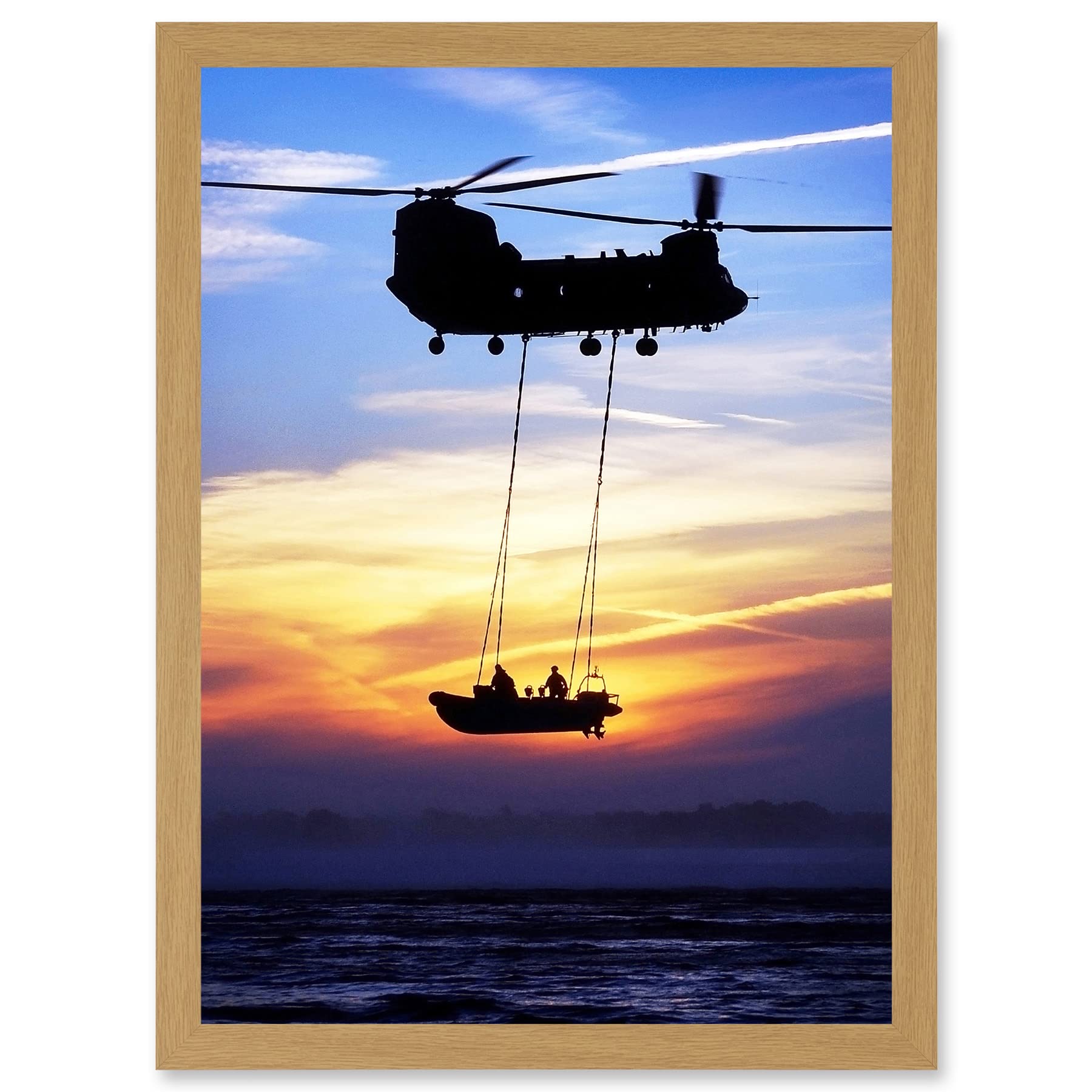 Artery8 Military UK British Chinook Helicopter Royal Marines Artwork Framed Wall Art Print A4