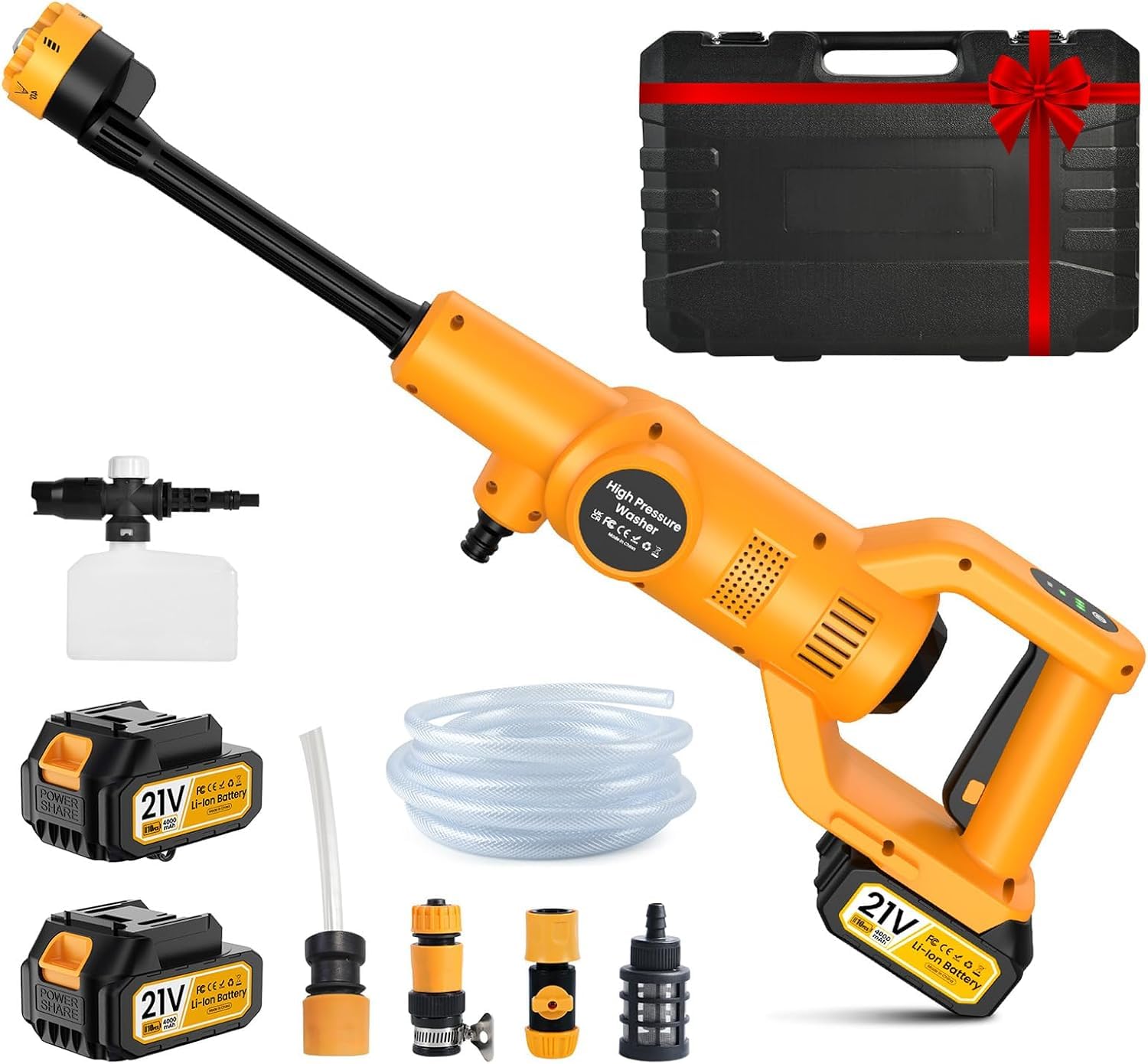 Hidrolimpiadora de Alta Presión 85 Bar, 680 L/H, 5 Boquillas, 5m Manguera | Motor Sin Escobillas, 2 Baterías de 21V 4000Mah, Cañón de Espuma, 2 Modos, Bloqueo de Seguridad, para Limpiar Coches, Patios