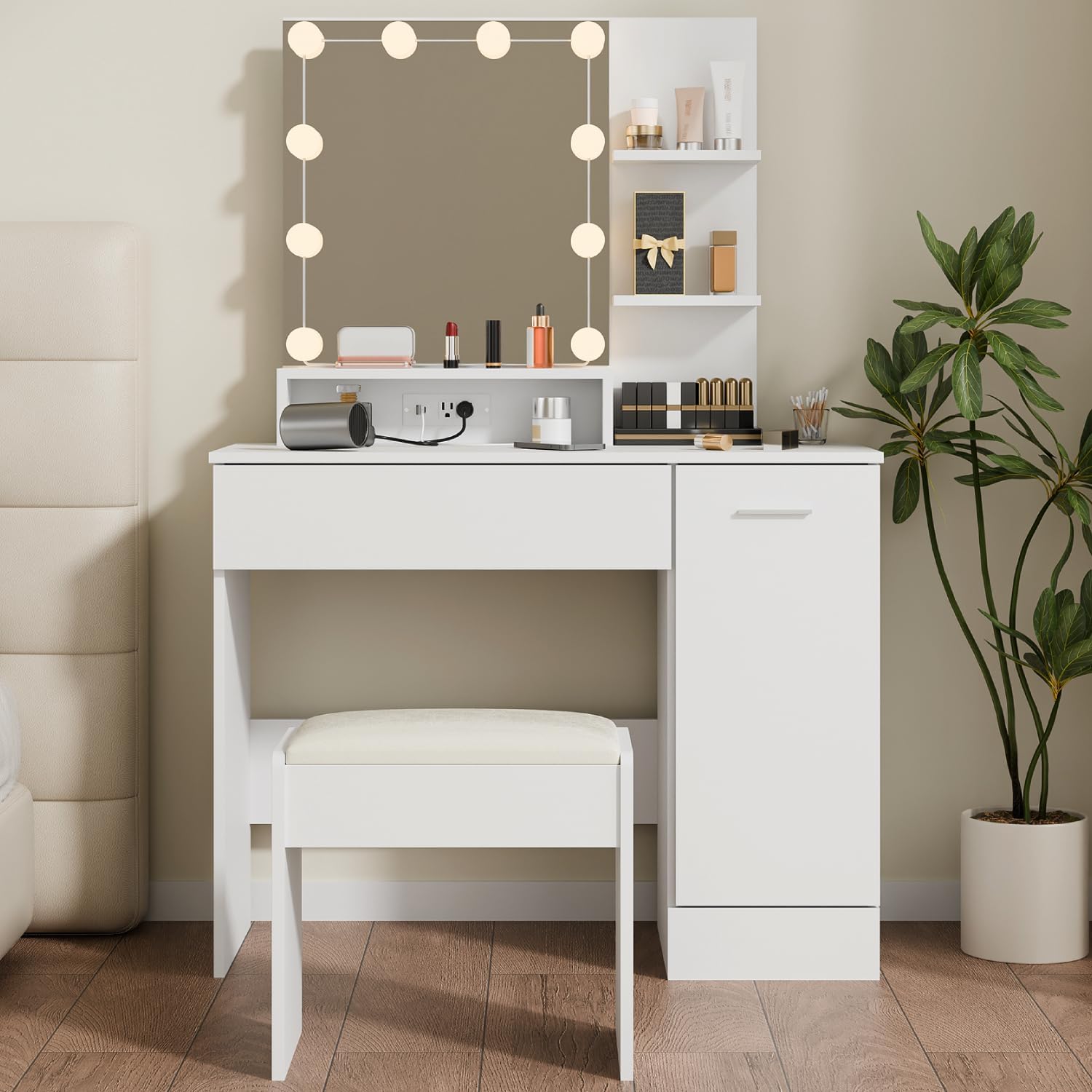 Small Makeup Vanity Table Set with Storage Drawers & Chair, Vanity Desk with Lights Mirror & Power Outlet, 3 Lighting Modes Adjustable Brightness, Dressing Table for Women Girls Bedroom, White
