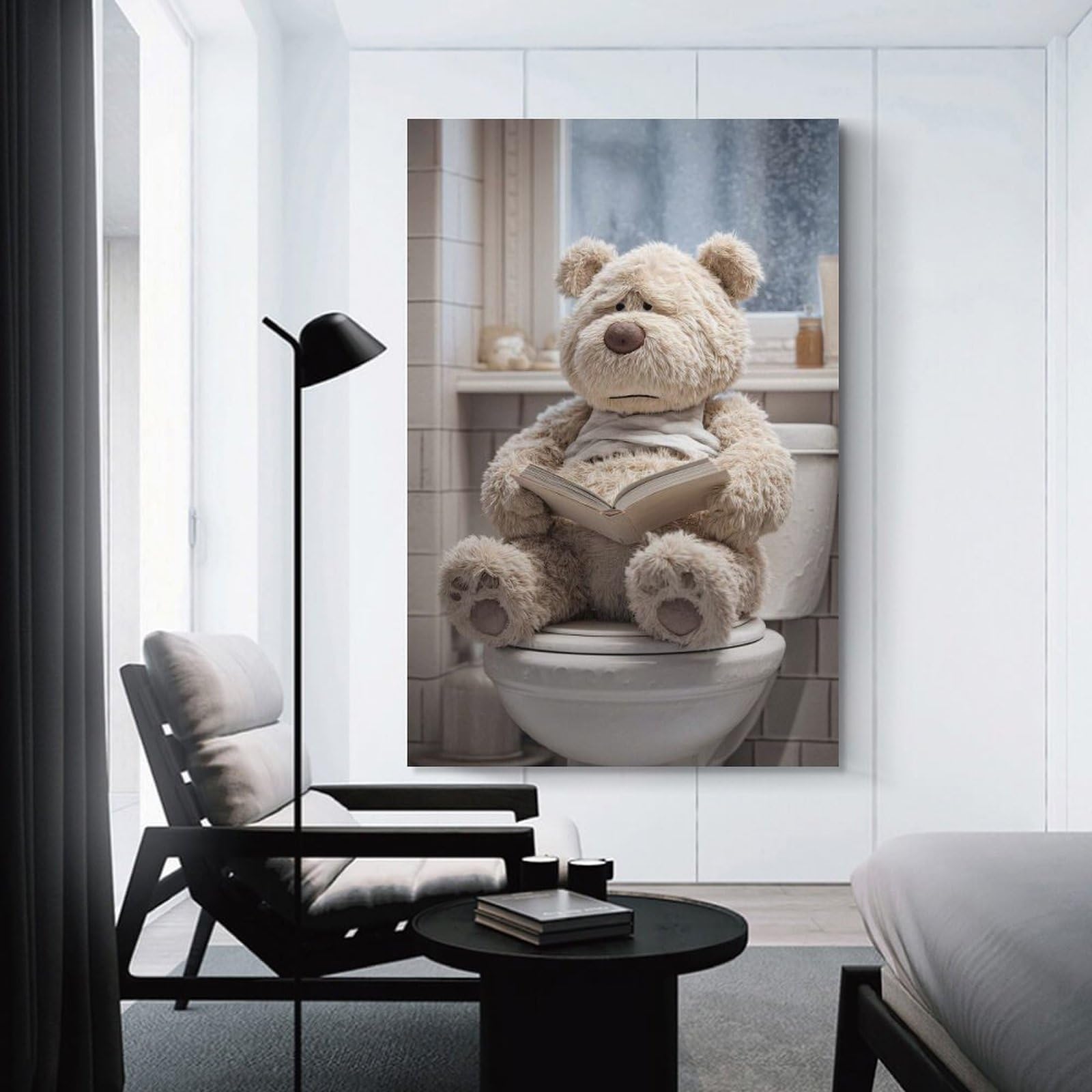 Junmoney Canvas Art Print Sad Teddy Bear Reading on Toilet, 20x30inch(50x75cm), for Office, Study Or Home Workspace, Home Office Artwork with Decorative Appeal