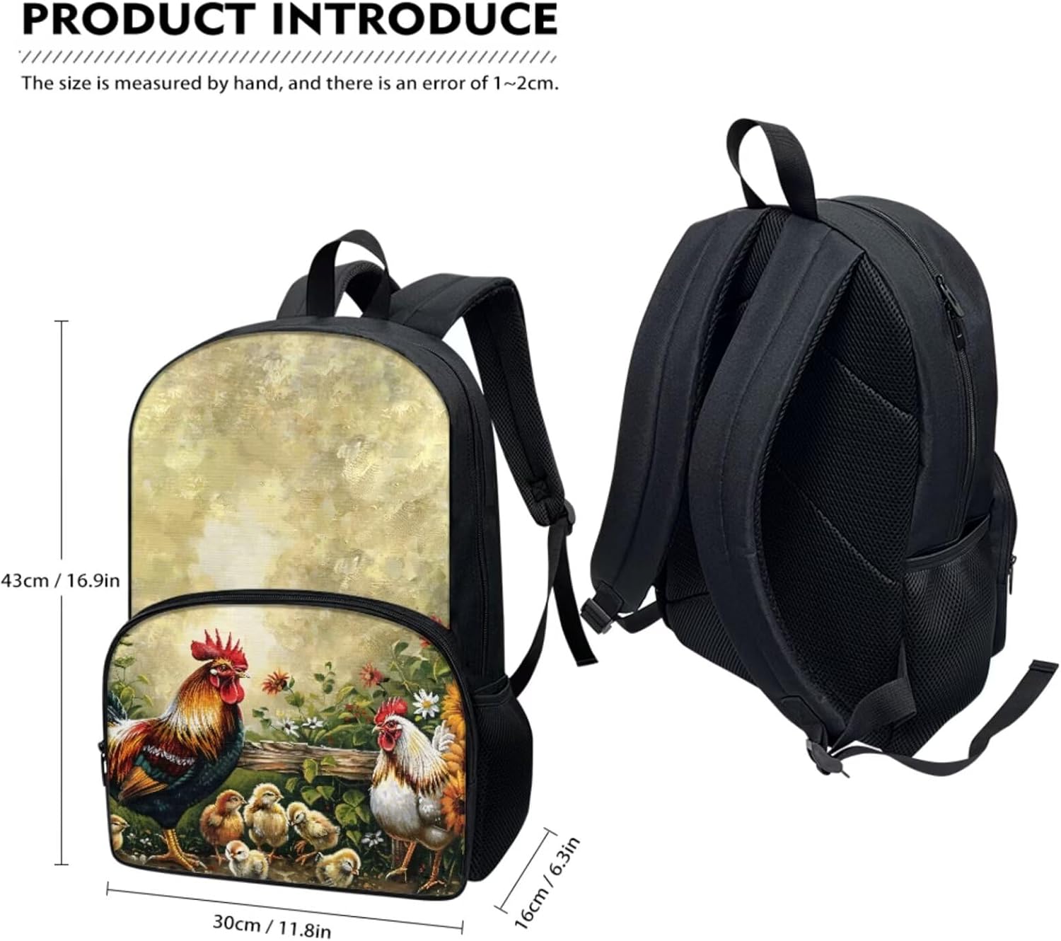 Chicken Print Backpacks with Insulated Lunch Box Cooler Pencil Case 3 Pcs Set, Large Capacity Bookbag for Kindergarten, Primary School, Middle School
