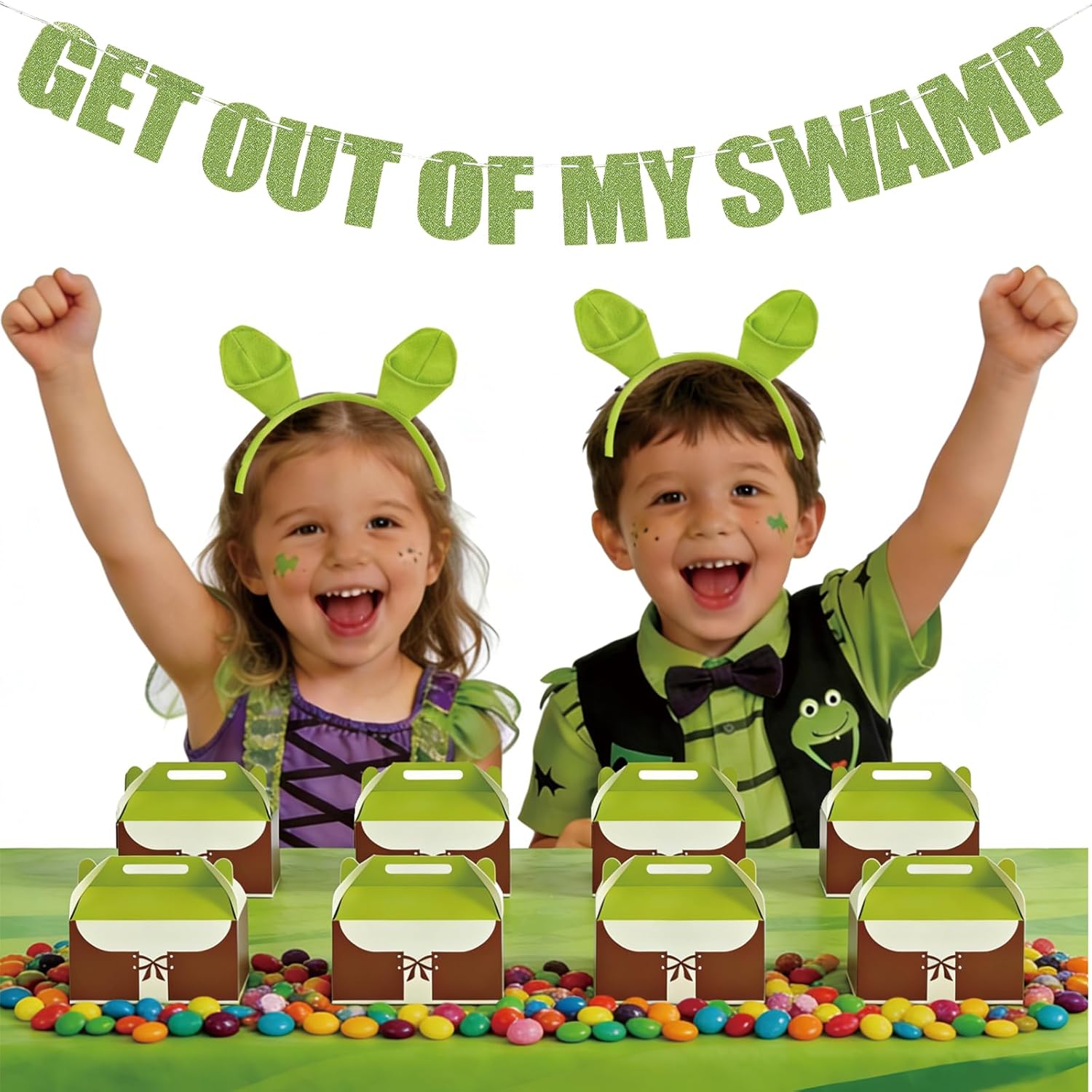 Wyanto 27-Pack Green Party Favor Treat Boxes Goodie Gable Paper Gift Boxes with Handles Pre-Strung Get Out of My Swamp Bunting Banner (27)