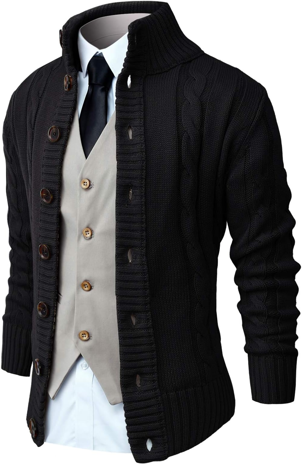 Mens Long Sleeve Stand Collar Cardigan Sweaters Button Down Cable Knitted Sweater