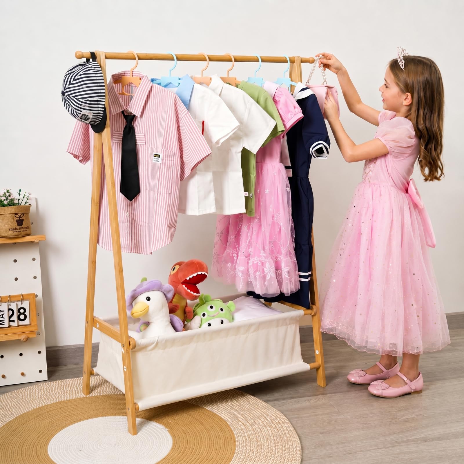 Bamysol Bamboo Kids Dress Up Rail With Storage, Natural Baby Wardrobe, Baby Crate Hamper with Rail, Kids Clothes Rail, Montessori Dress Up Rack, 86L x 36W x 106H cm
