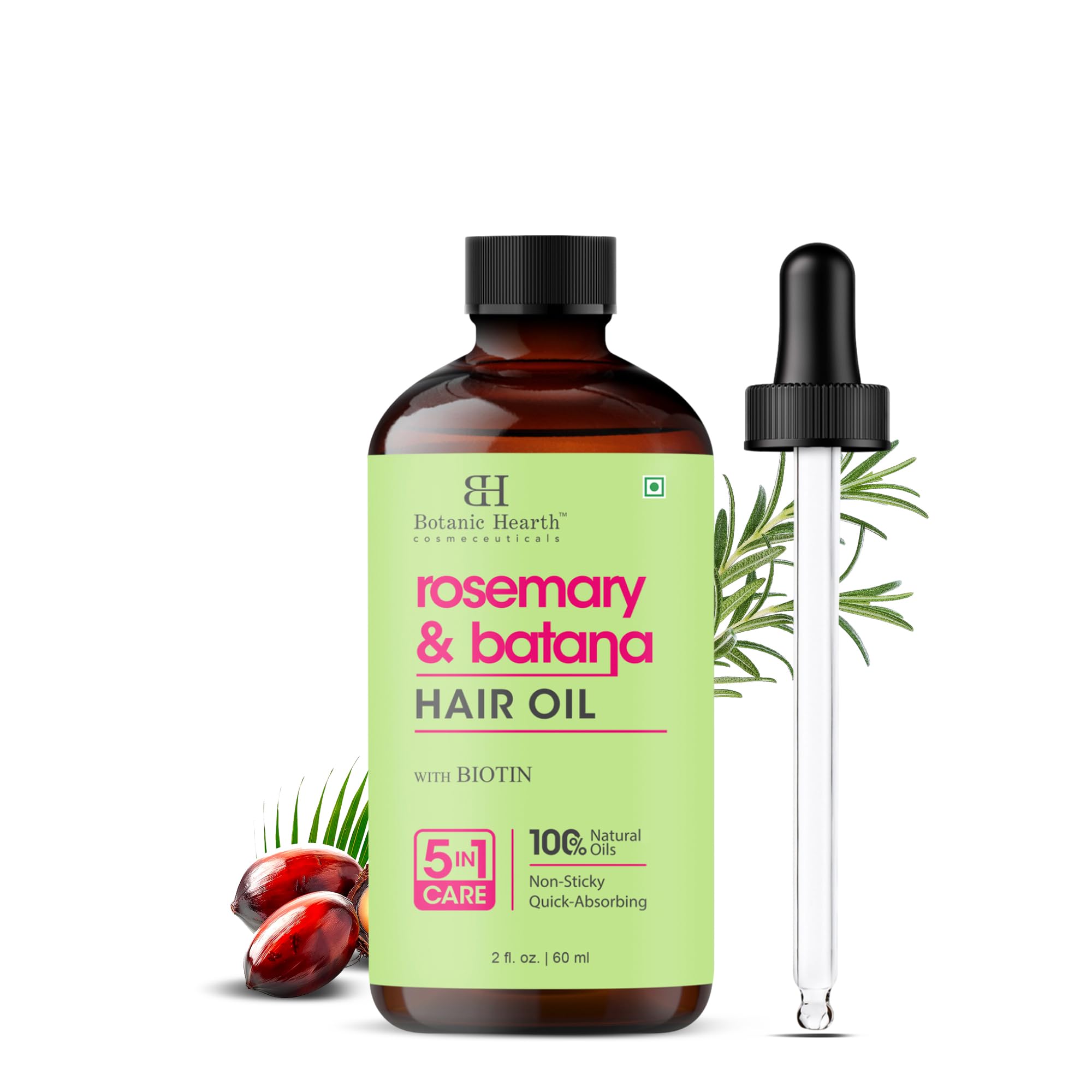 Botanic HearthRosemary & Batana Hair Oil with Biotin | 100% Natural Oils | Non-Sticky, Fast Absorbing | Promotes Hair Growth, Nourishment & Shine | 5-in-1 Hair Care | 2 fl oz / 60 ml