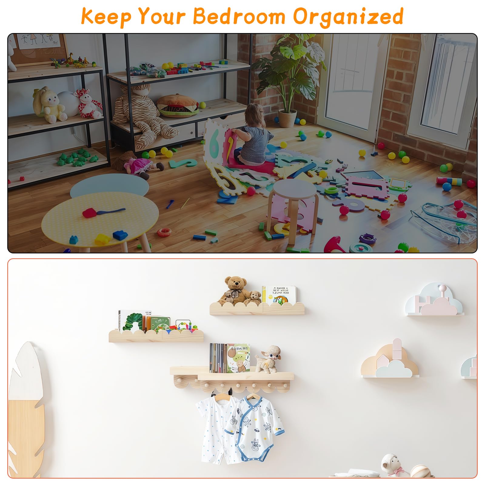 Wandregal Holz Kinderzimmer, 3PCS Bücherregal Kinder Wand mit Holzhaken,Schweberegal ideal für Bücher und Spielzeug, Bücherregal Hängend für Kinderzimmer, Schlafzimmer, Wohnzimmer, Badezimmer, Küche